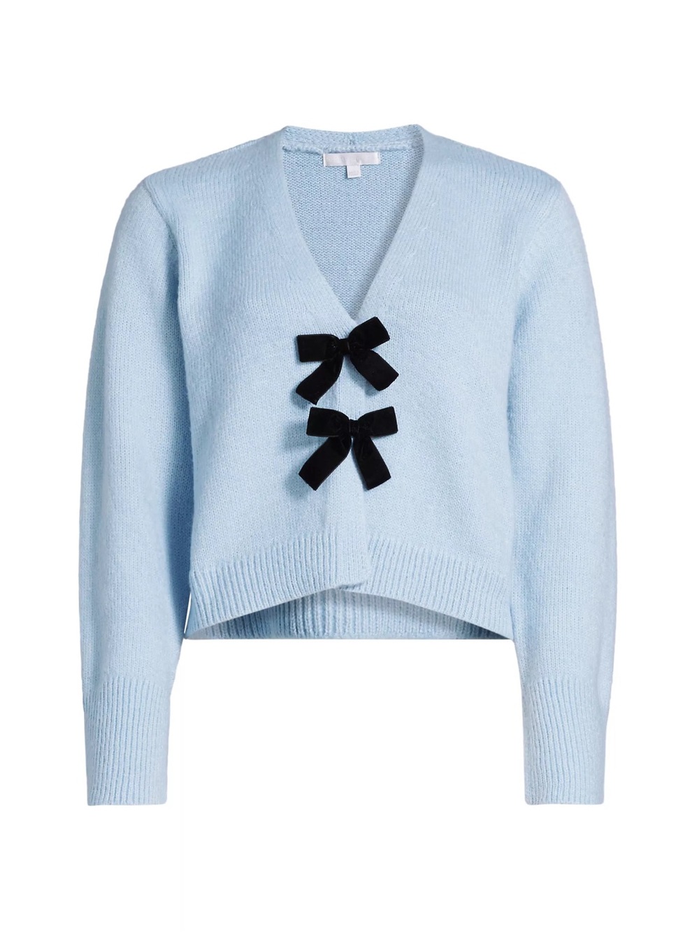 Design History Light Blue V-Neck Sweater with Black Bows